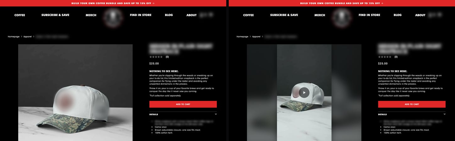 A store's product page before, with photos only, and after, with a product video from Reelshop