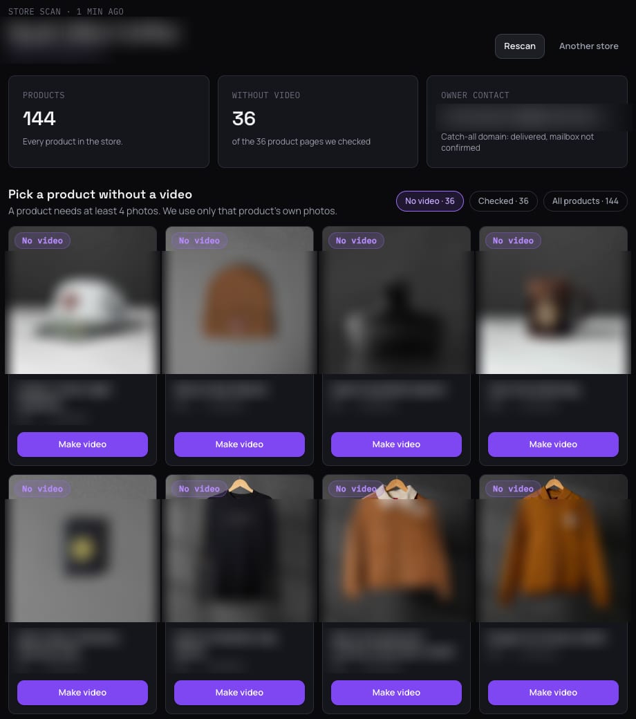 Reelshop's scan of the coffee brand's store: 144 products, 36 without video of the 36 product pages checked, and a grid of products marked No video