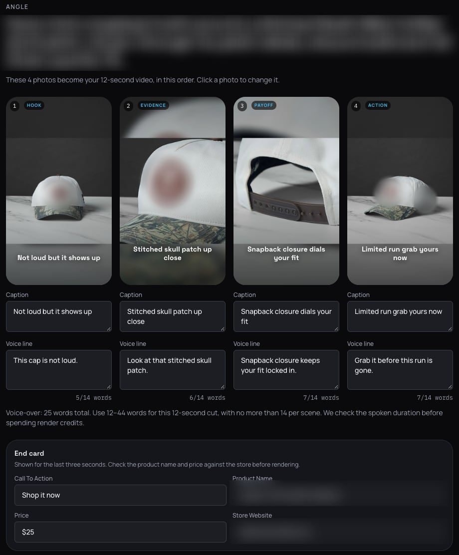 Reelshop's storyboard: the four selected photos beside the editable script